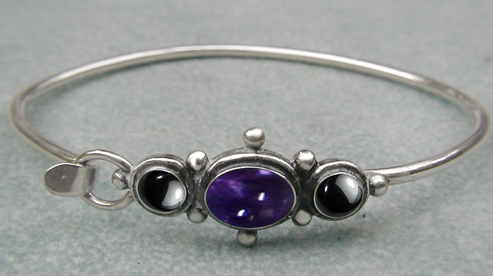 Sterling Silver Victorian Inspired Strap Latch Spring Hook Bangle Bracelet with Iolite And Hematite